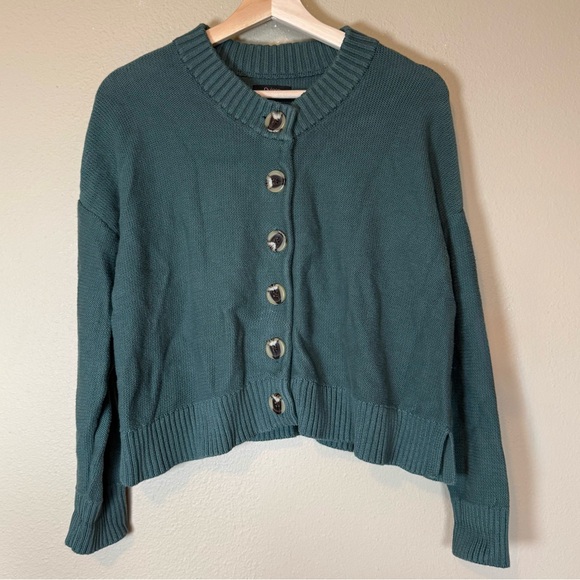 Quince Forest Green 100% Organic Cotton Cropped Cardigan Size Medium - Picture 2 of 5